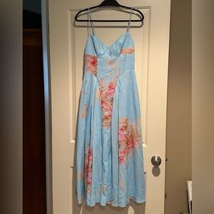 Saints & Secrets Light Blue Floral Midi Dress with Spaghetti Straps